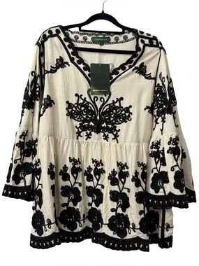 New Meadow Rhodes Ivory boho babydoll blouse floral embroidery flared sleeves 1X